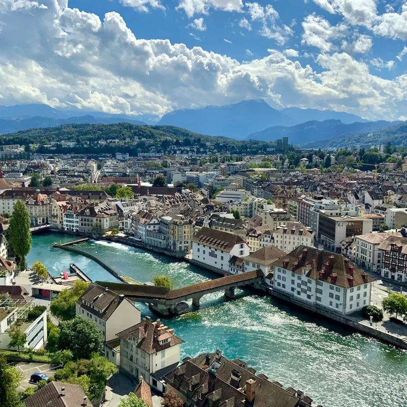 Aerial view of Lucerne old town and the Reuss river