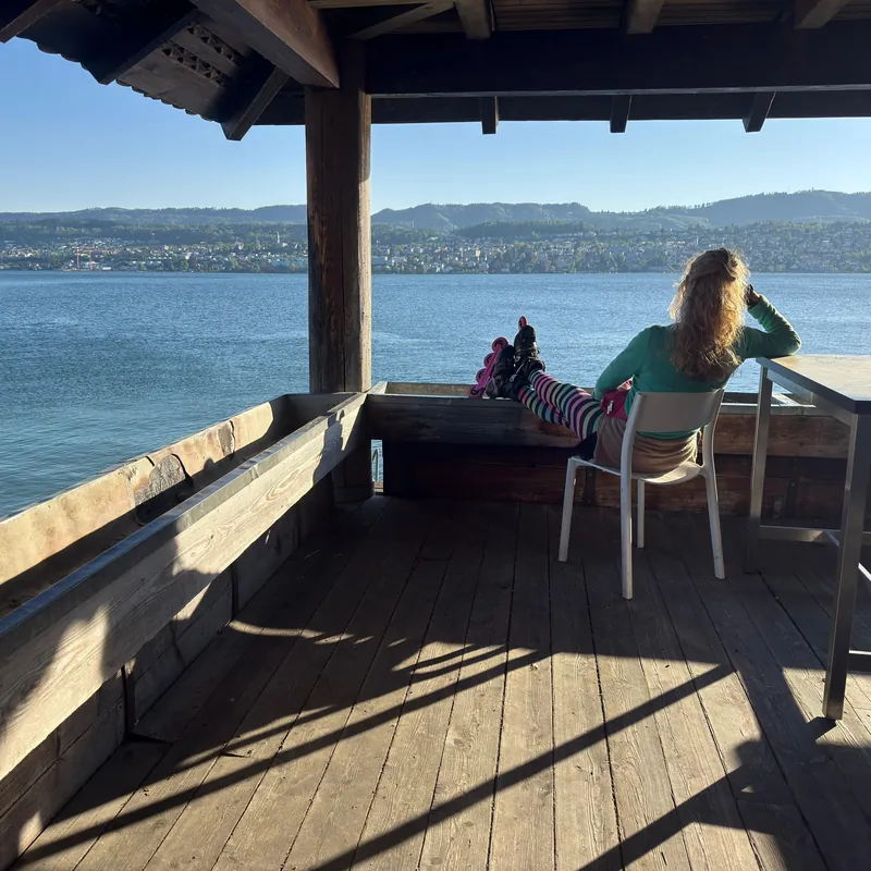 Relaxing by Lake Zurich after skating